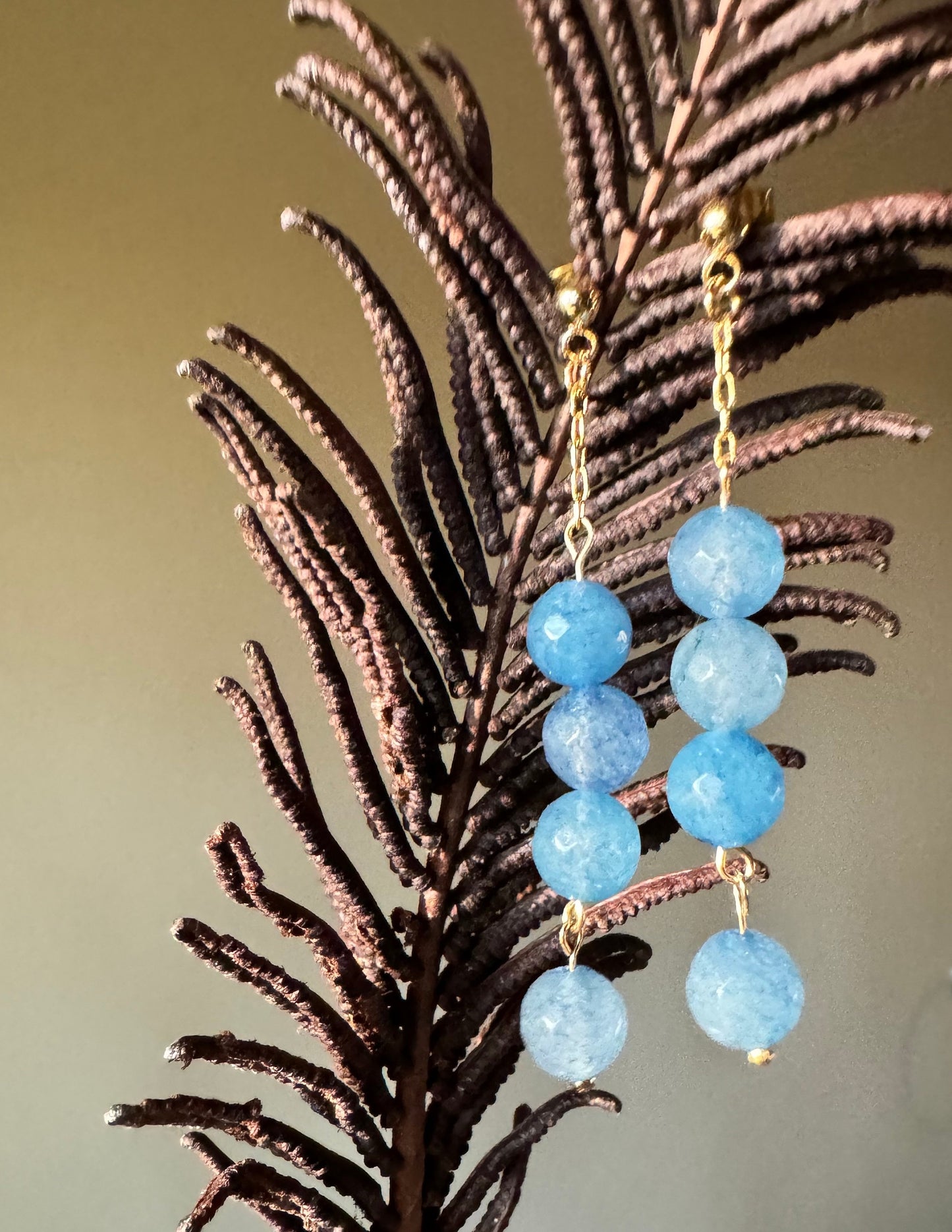 Blue Agate Dangle Earrings on Gold-Plated Chain